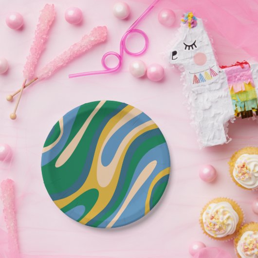 Wavy Loops Retro Abstract Patroon Blauw Groen Papieren Bordje (Feest)