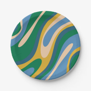 Wavy Loops Retro Abstract Patroon Blauw Groen Papieren Bordje