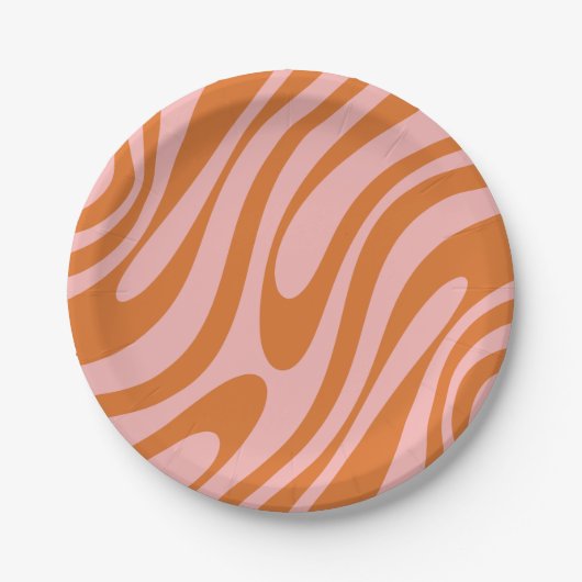 Wavy Loops Retro Abstract Patroon Roze Oranje Papieren Bordje (Voorkant)