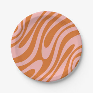 Wavy Loops Retro Abstract Patroonroze en Oranje. Papieren Bordje
