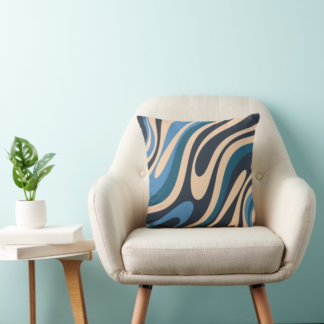 Wavy Loops Retro Abstract Pattern Blue en Beige Kussen (Stoel)