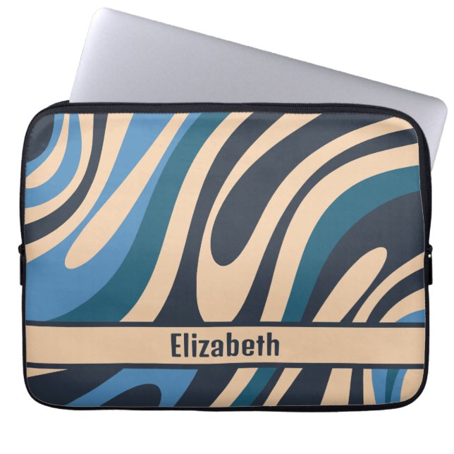 Wavy Loops Retro Abstract Pattern Blue en Beige Laptop Sleeve (Voorkant)