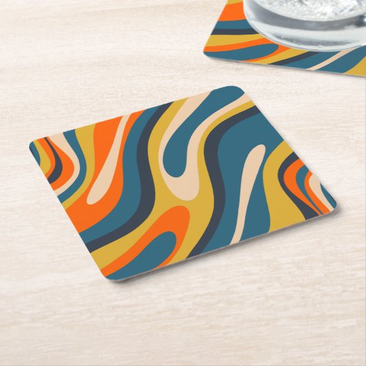 Wavy Loops Retro Abstract Pattern Blue Oranje Kartonnen Onderzetters (Schuin)