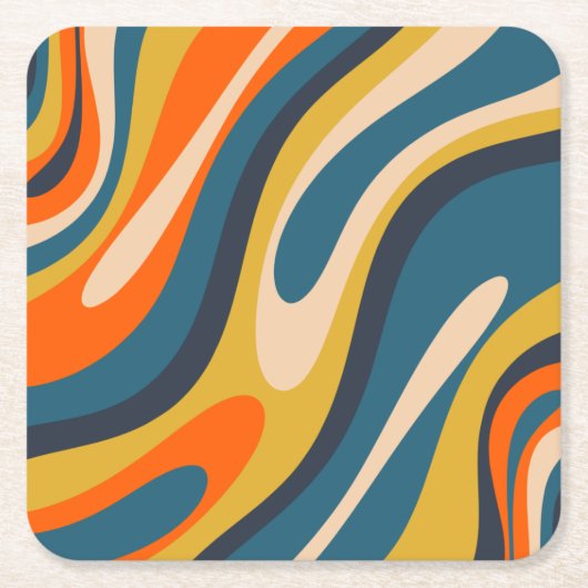 Wavy Loops Retro Abstract Pattern Blue Oranje Kartonnen Onderzetters (Voorkant)