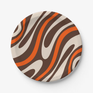 Wavy Loops Retro Abstract Pattern Brown en Oranje Papieren Bordje