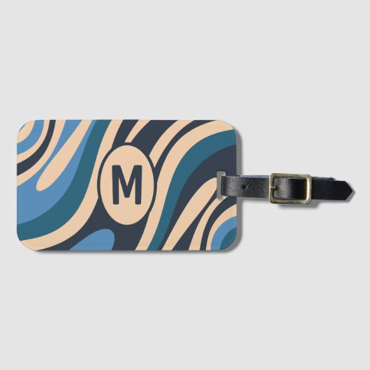 Wavy Loops Retro Abstract Pattern Initiaal Blue Bagagelabel (Voorkant (horizontaal))