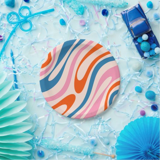 Wavy Loops Retro Modern Abstract Patroon Blauw Roz Papieren Bordje (Feest)