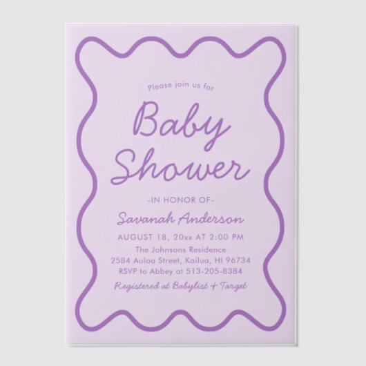Wavy Modern Curvy Bold Retro Paarse Baby shower in Vellum Uitnodigingen (Voorkant)