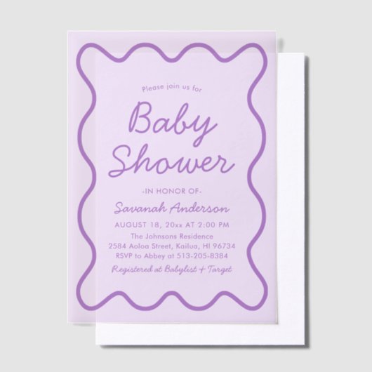 Wavy Modern Curvy Bold Retro Paarse Baby shower in Vellum Uitnodigingen (Offset)