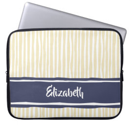 Wavy Painterly Stripes Navy and Cream met naam Laptop Sleeve