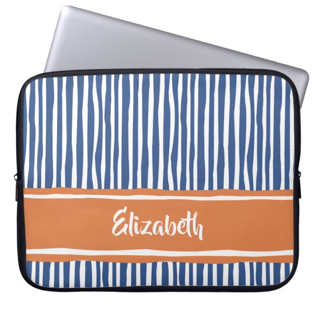 Wavy Painterly Stripes Oranje en blauw met naam Laptop Sleeve (Voorkant)
