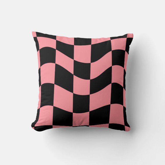 Wavy Peach and Black Checkerboard Pattern Pillow  Kussen (Voorkant)