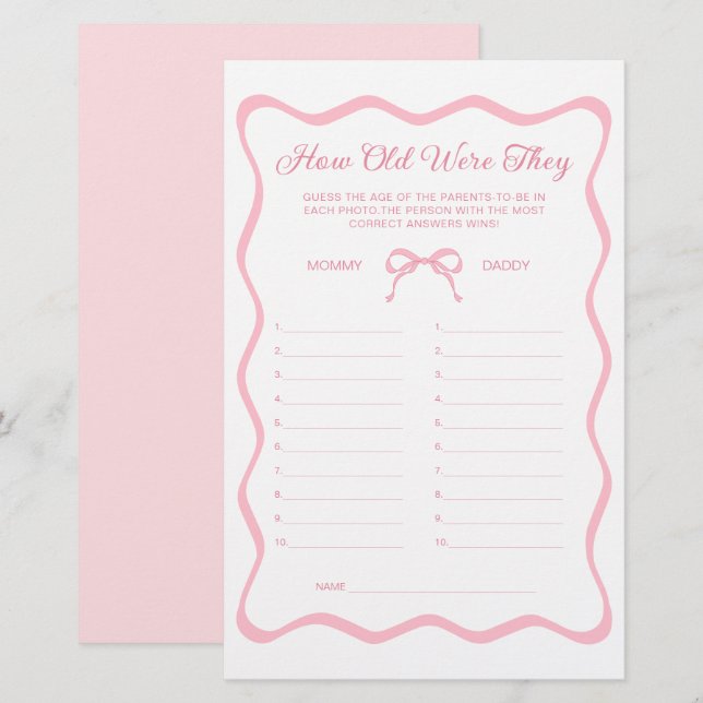 Wavy Pink Bow Baby shower Guess The Age spel (Voorkant / Achterkant)
