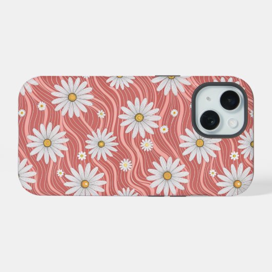 Wavy Pink Daisies iPhone 15 Case (Achterkant horizontaal)