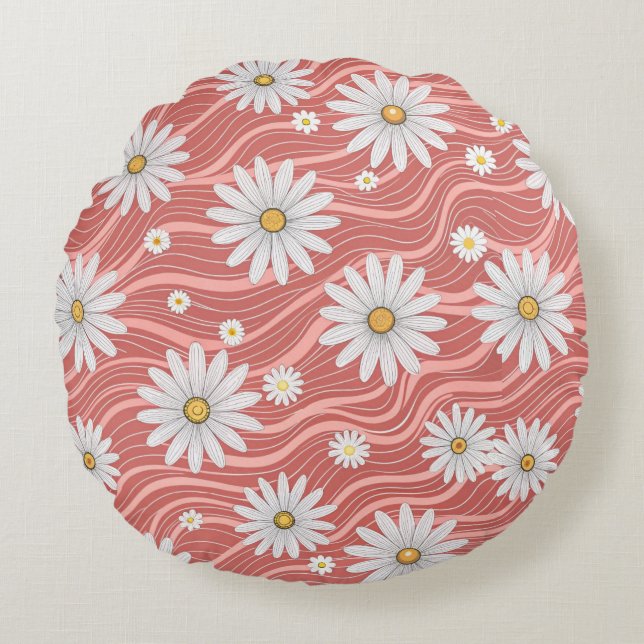 Wavy Pink Daisies  Rond Kussen (Voorkant)