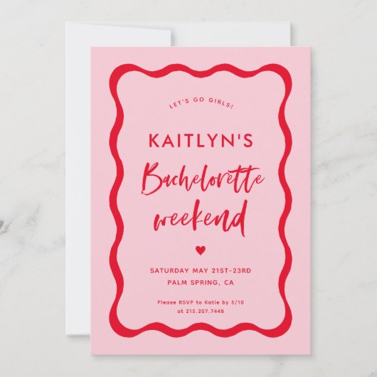 Wavy Pink en Red Bachelorette Weekend Itinerary Kaart (Voorkant)
