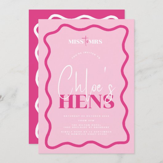Wavy Pink Hens Party Invitation - Sonny Kaart (Voorkant / Achterkant)