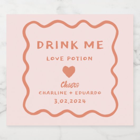 Wavy Pink Pastel Drink me Lovepotion Wedding Sparkling Wijnetiket (Enkel label)
