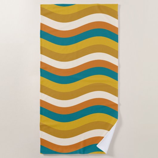 Wavy Pop Stripes Retro Pattern Blauwgroen Ochre Mu Strandlaken (Voorkant)