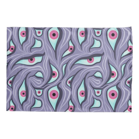 Wavy Psychedelic Horror - Paarse Evil Eye Pattern Kussensloop (Achterkant)