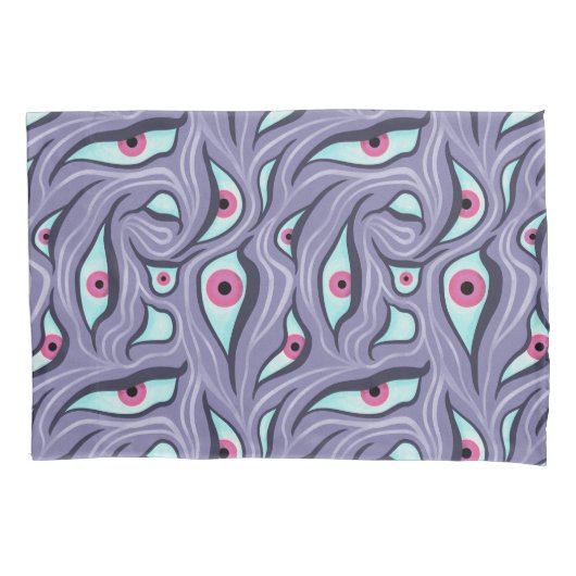 Wavy Psychedelic Horror - Paarse Evil Eye Pattern Kussensloop (Voorkant)
