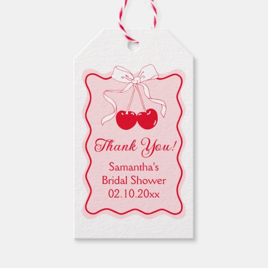 Wavy Red Pink Cherry Bow Vrijgezellenfeest Favorie Cadeaulabel (Voorkant)