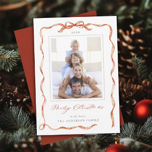 Wavy Red Ribbon Bow Lijst foto Kerst Feestdagenkaart