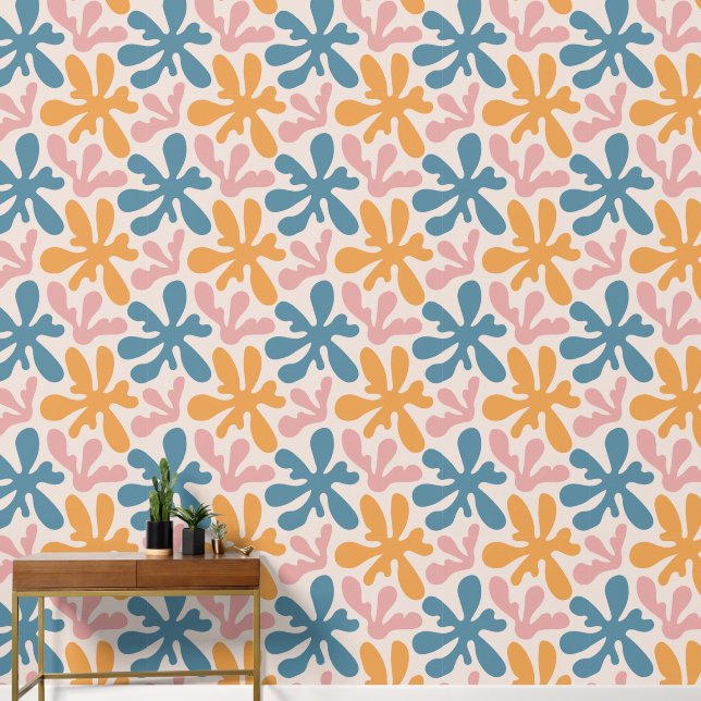  Wavy Retro Groovy Pastel Floral Pattern Behang (Hal)