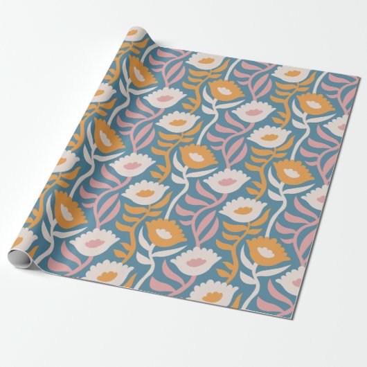 Wavy Retro Groovy Pastel Floral Pattern Cadeaupapier (Uitgerold)