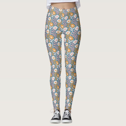  Wavy Retro Groovy Pastel Floral Pattern Leggings (Voorkant)