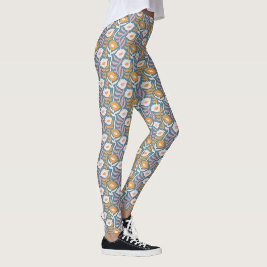 Wavy Retro Groovy Pastel Floral Pattern Leggings (Rechts)