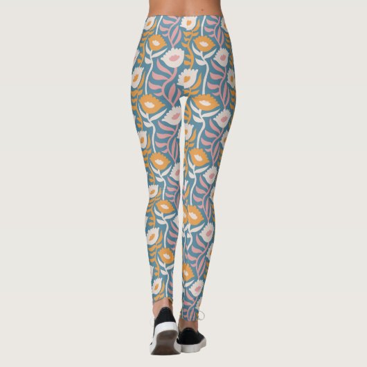 Wavy Retro Groovy Pastel Floral Pattern Leggings (Achterkant)