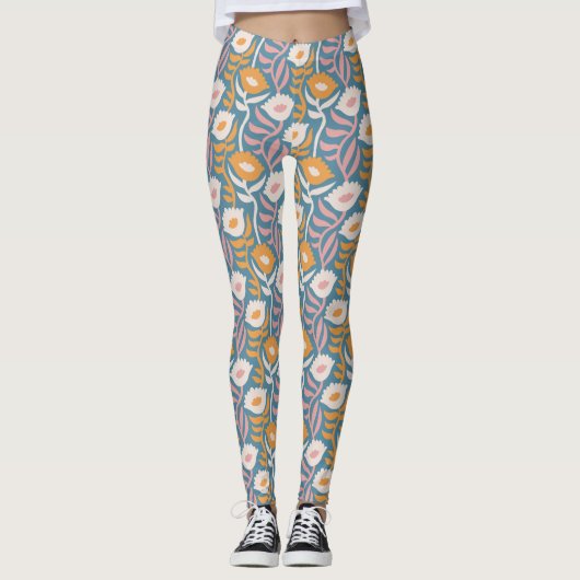 Wavy Retro Groovy Pastel Floral Pattern Leggings (Voorkant)