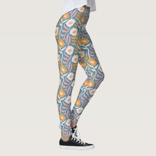 Wavy Retro Groovy Pastel Floral Pattern Leggings (Rechts)