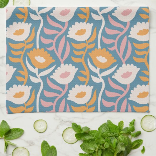  Wavy Retro Groovy Pastel Floral Pattern Theedoek (Gevouwen)