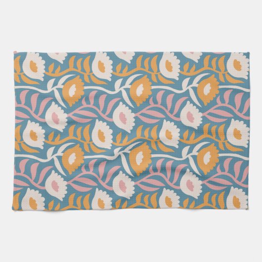  Wavy Retro Groovy Pastel Floral Pattern Theedoek (Horizontaal)