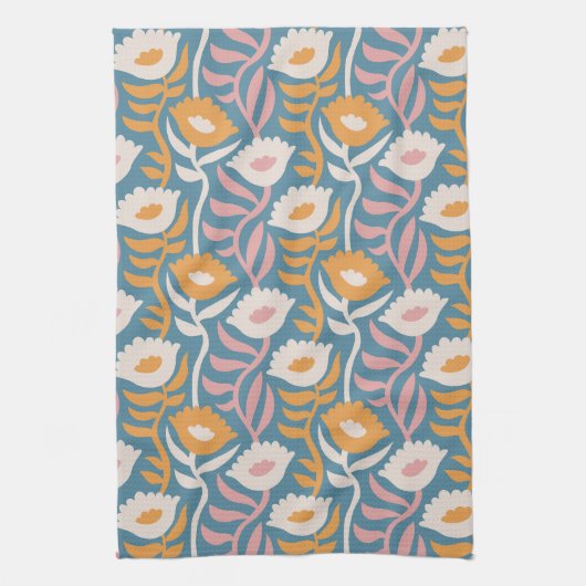  Wavy Retro Groovy Pastel Floral Pattern Theedoek (Verticaal)
