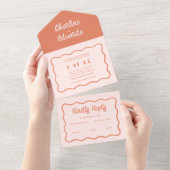 Wavy Retro Pink en Red Handwriting Weddenschap All In One Uitnodiging (Afscheurbaar)