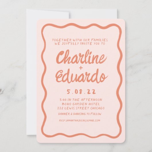 Wavy Retro Pink en Red Handwriting Weddenschap Kaart (Voorkant)