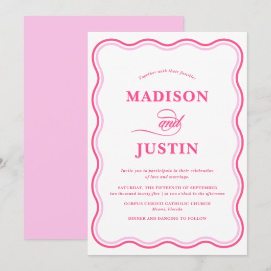 Wavy Retro Roze bruiloft Kaart (Voorkant / Achterkant)