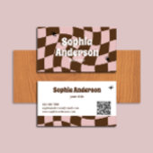 Wavy Retro Roze & Bruine Checker met QR-code Visitekaartje
