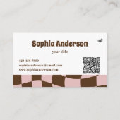Wavy Retro Roze & Bruine Checker met QR-code Visitekaartje (Achterkant)