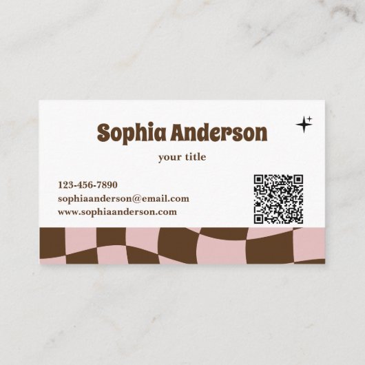 Wavy Retro Roze & Bruine Checker met QR-code Visitekaartje (Achterkant)