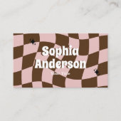 Wavy Retro Roze & Bruine Checker met QR-code Visitekaartje (Voorkant)