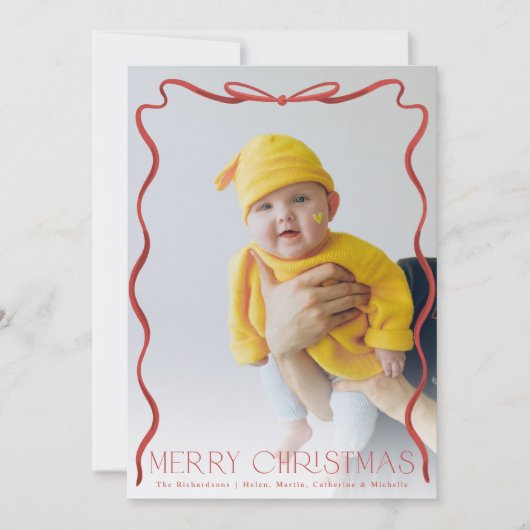 Wavy Ribbon Rood en Wit Kerst Verticale Foto Feestdagenkaart (Voorkant)