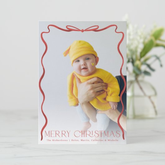 Wavy Ribbon Rood en Wit Kerst Verticale Foto Feestdagenkaart (Staand voorkant)
