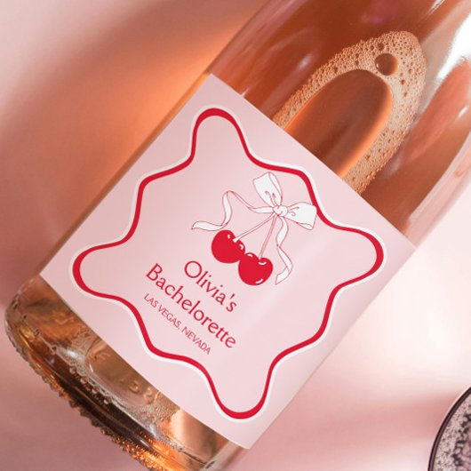 Wavy rode roze kers op top Bachelorette Champagne Sparkling Wijnetiket