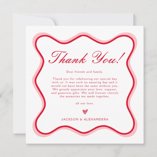 Wavy rood en wit kleurrijke funky bruiloft bedankkaart (Voorkant)