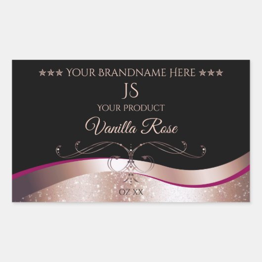 Wavy Roos Gold Decor Zwart Monogram Productlabel Rechthoekige Sticker (Voorkant)