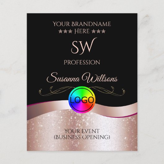 Wavy Roos Gouden Decor Zwarte Logo en Monogram Fly Flyer (Voorkant)